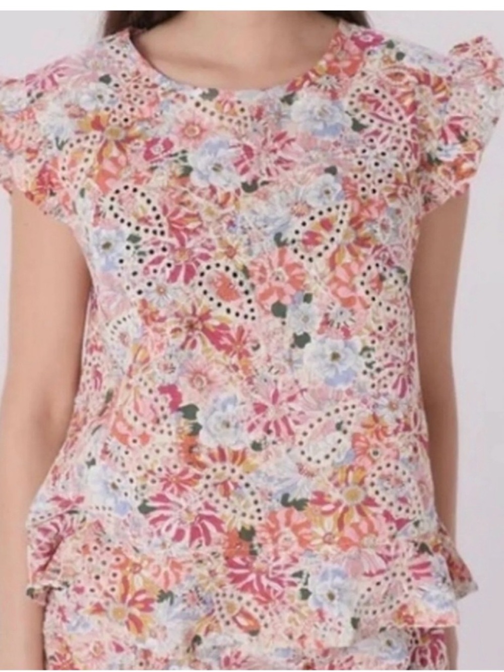 Solitaire Floral Eyelet Embroidered Ruffle Sleeve Peplum Top Medium Cottagecore